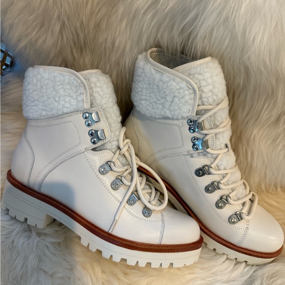 Marc Fisher Shoes - Marc Fisher Isaia Ivory Lace-Up Shearling and Leather Combat Comfort Boots